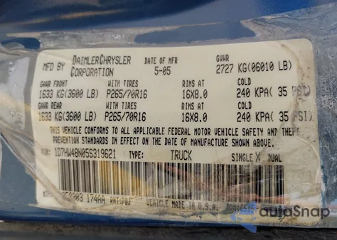 2005 Dodge Dakota Slt from USA, damaged, VIN 1D7HW48N05S319621